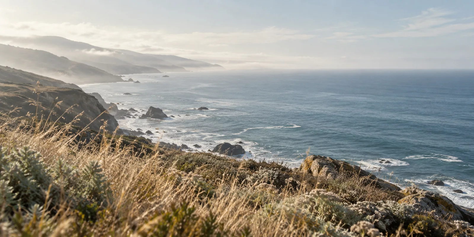 Soft daylight over a quiet coastal bluff, grasses and the open Pacific