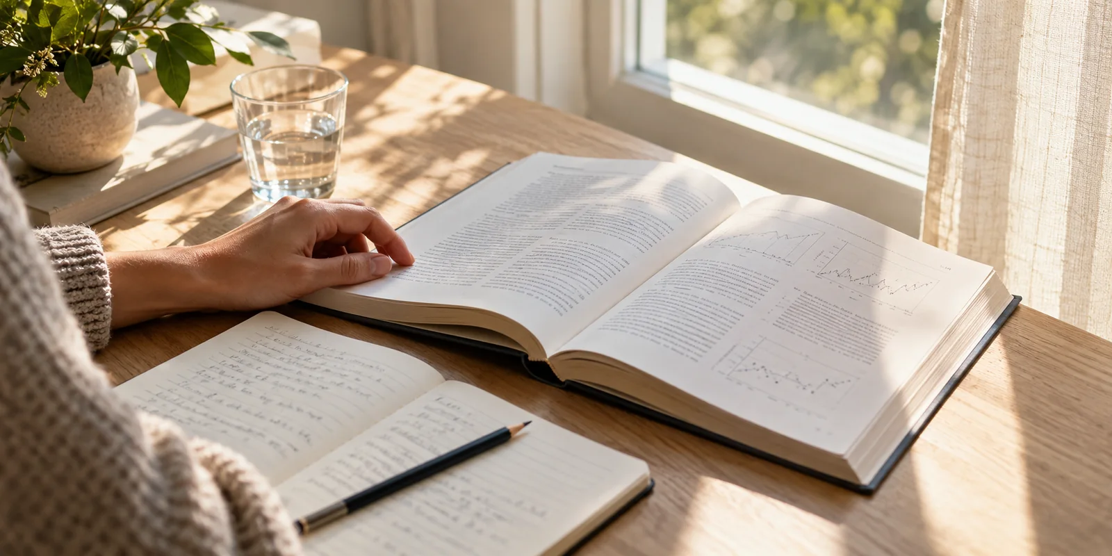 A quiet moment with an open book and notes beside a sunlit window