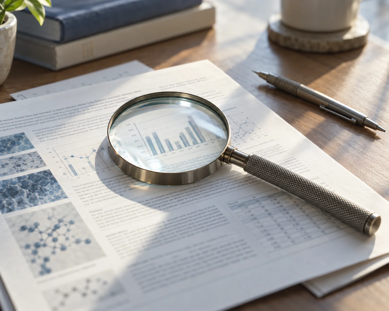A handled magnifying glass enlarges a chart on an illustrative research report